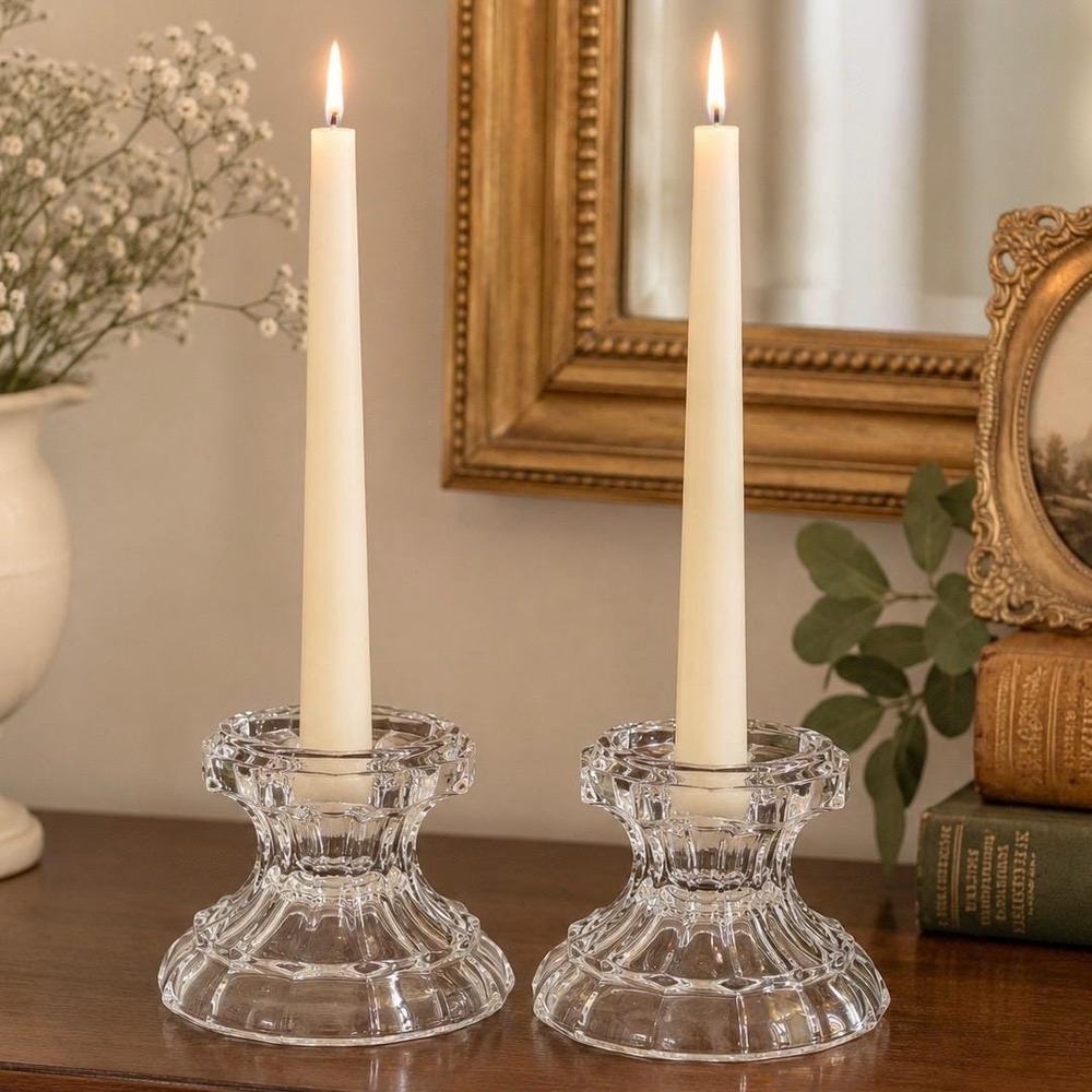 Crystal Candle Holders Pair Dual Taper & Pillar VTG 12-Sided Fluted Pedestal
